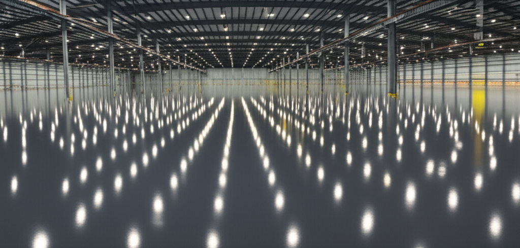 High-gloss industrial epoxy floor coating in warehouse